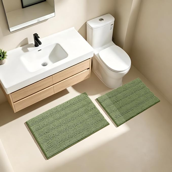 Bcoimo Bath Rugs Mat Set,2 Piece Non Slip Chenille Sage Bathroom Mat Sets | Extra Soft Bathroom Rug set;Non Slip with Rubber Backing Microfiber Mat;High Absorbent And Quick Drying mats;Machine Washable