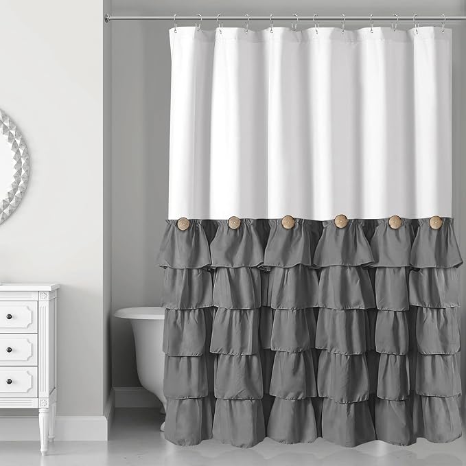 Seasonwood White and Gray Shower Curtain 72 x 72 | Natural button accents, layered fabric tiers, shabby chic and French country styling for decorative bathroom updates