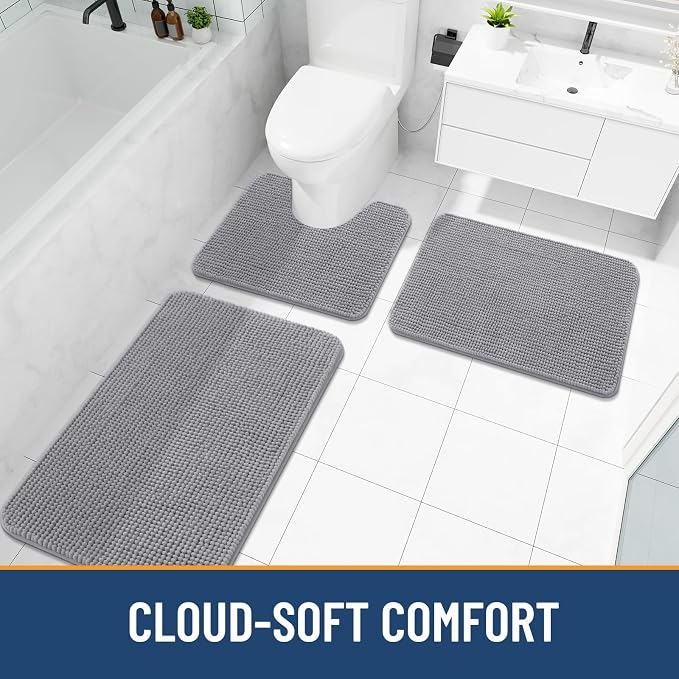 Arotive Chenille Bathroom Rugs 40x24, Soft Absorbent Bath Mat, Grey | Rubber Backing, Machine Washable Dry Bath Mats for Bathroom Floor, Tub and Shower, Home Decor Accessories