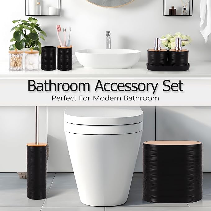 25 PCS Black Bathroom Accessories Set丨Shower Curtain Bathroom Accessory | All-in-One Kit with Shower Curtain,rug,Trash Can,Toothbrush Holder,Toilet BrushSoap Dispenser,Toothbrush Cup,etc for Home