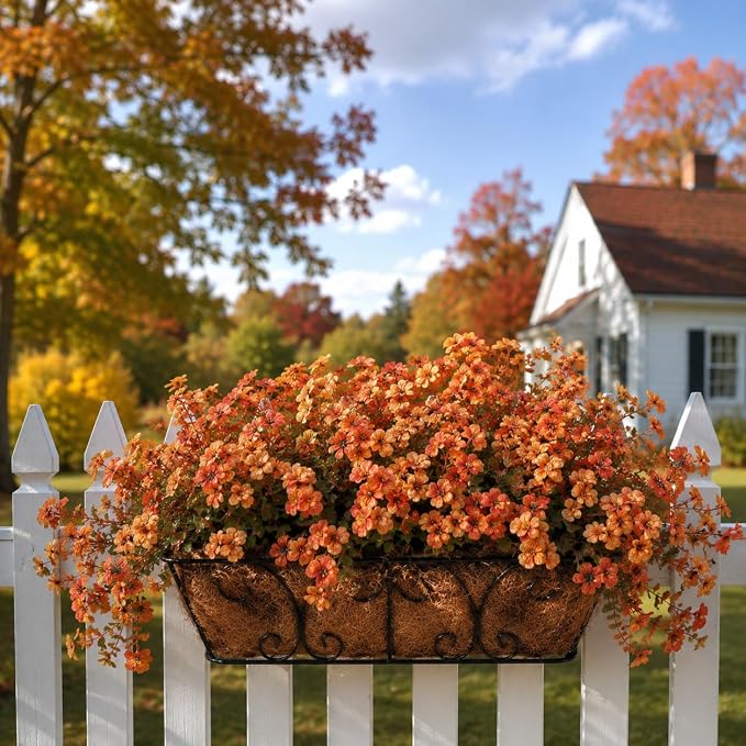 florisso Artificial Fall Flowers Fake Mums for Outdoor Autumn Decor | 12 Bundles Faux Silk Orange Yellow Mums Daisy + 1 Pc Reddish‑Brown Straw, UV Resistant for Outside Home Porch Patio Planter