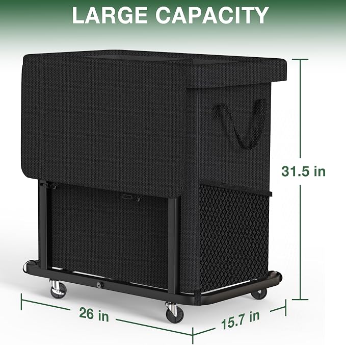 Laundry Basket with Lid,190L Rolling Laundry Hamper with Wheels,Black | Dirty Clothes Hamper with Metal Frame and Removable Bag Design,Suitable for Laundry Room, Bedroom(2 Section)