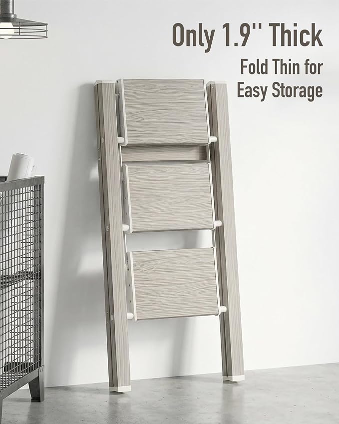 Mayi Plus 3 Step Stool Foldable, Aluminum, Lightweight Step Ladder | Extra-wide anti-slip folding steps with 330 lbs, for home,kitchen,office,outdoor,Fir woodgrain