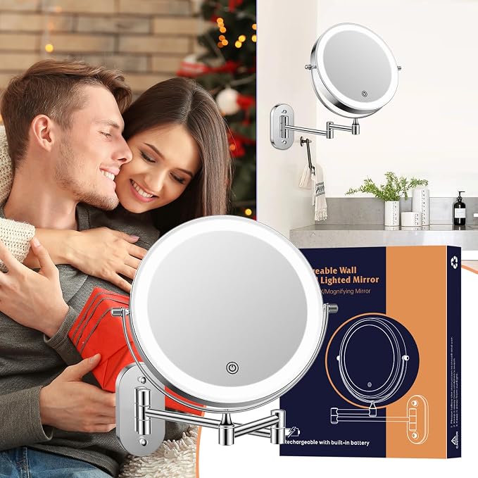 FUNTOUCH 2500mAh Rechargeable Wall Mounted Lighted Makeup Mirror 1X/20X | 8 Inch Double Sided 1X 20X Magnifying Bathroom Mirror, 3 Color Lighting, Touch Dimming, Extended Arm 360ยฐ Light up Mirror