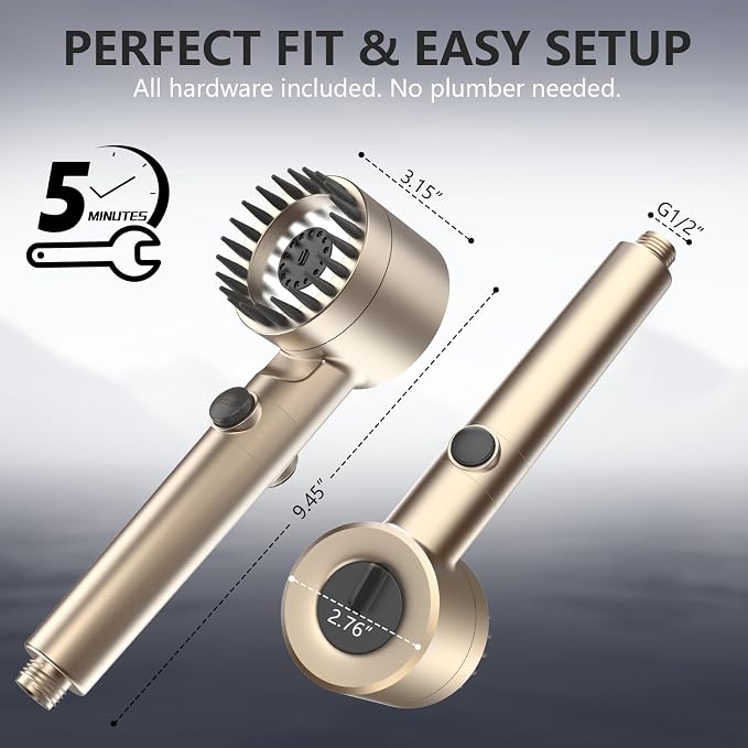 Filtered Shower Head with Handheld, High Pressure Water Flow and Multiple Spray Modes Shower Head with Filter, Power Wash for Hard Water, Showerhead with ON/OFF Switch for Pets Bath (Golden) | ON/OFF Switch,4 Spray,Built-in Power Wash,Detachable Shower...