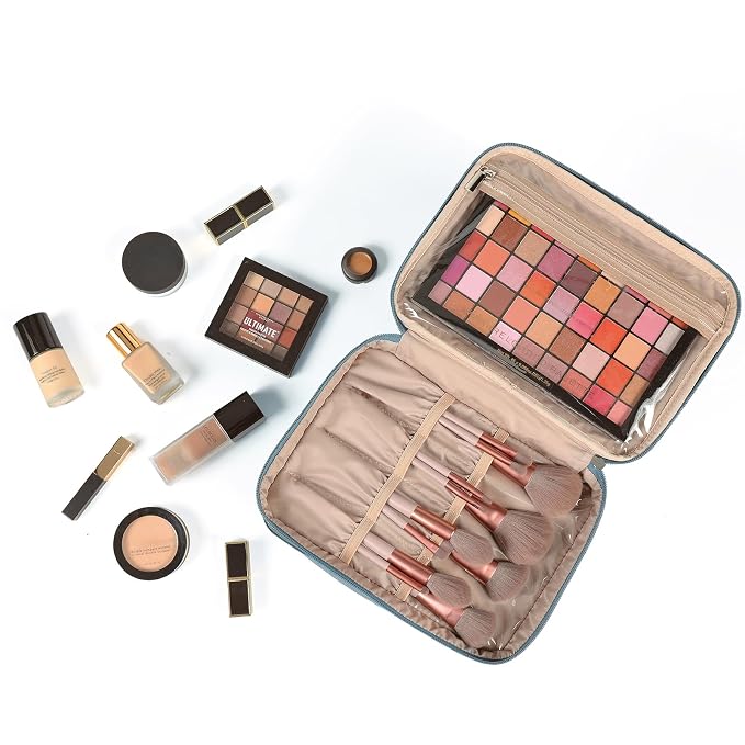 NISHEL Large Makeup Bag Organizer, Double Layer Cosmetic Travel Case | Organizer for brushes, bottles, makeup and skin care products, ideal for trips and daily use, Lake-Blue, Large