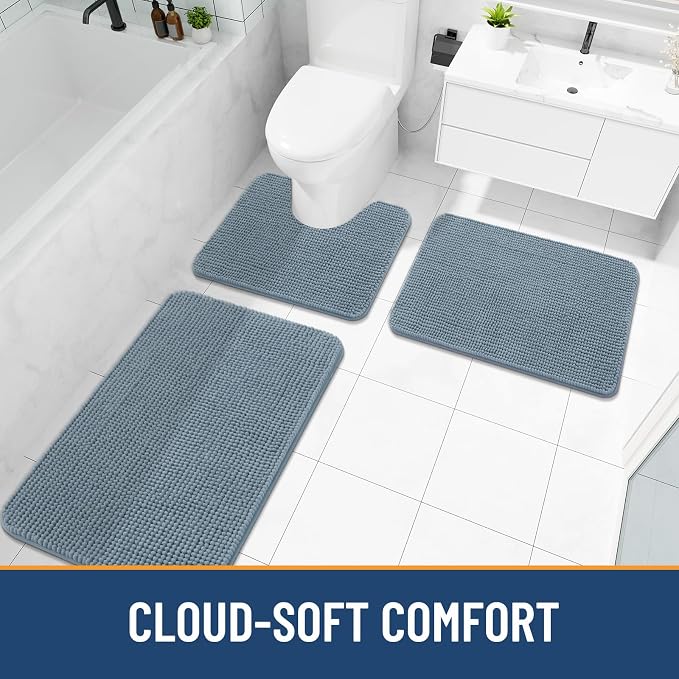 Arotive Chenille Bathroom Rugs 47x24, Soft Absorbent Bath Mat, Grayish Blue | Rubber Backing, Machine Washable Dry Bath Mats for Bathroom Floor, Tub and Shower, Home Decor Accessories