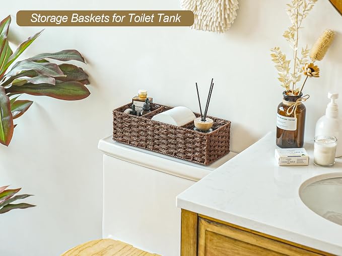StorageWorks Toilet Paper Basket, Paper Rope Back of Toilet Basket, Walnut | Wicker Basket, Toilet Paper Storage for Back of Toilet Tank, Woven Baskets for Shelves, Wicker Baskets with 3 Compartments
