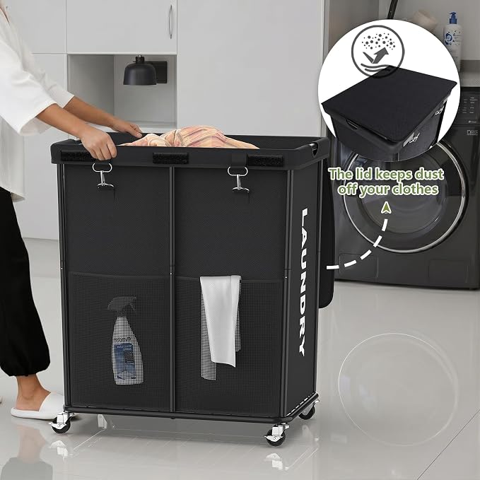 Laundry Hamper with Wheels and Lid, 225L Large Rolling Laundry Basket Black | Heavy Duty Clothes Organizer, Sturdy Metal Frame, Lockable Swivel Casters, Removable Bag, For Bedroom, Bathroom, Laundry Room