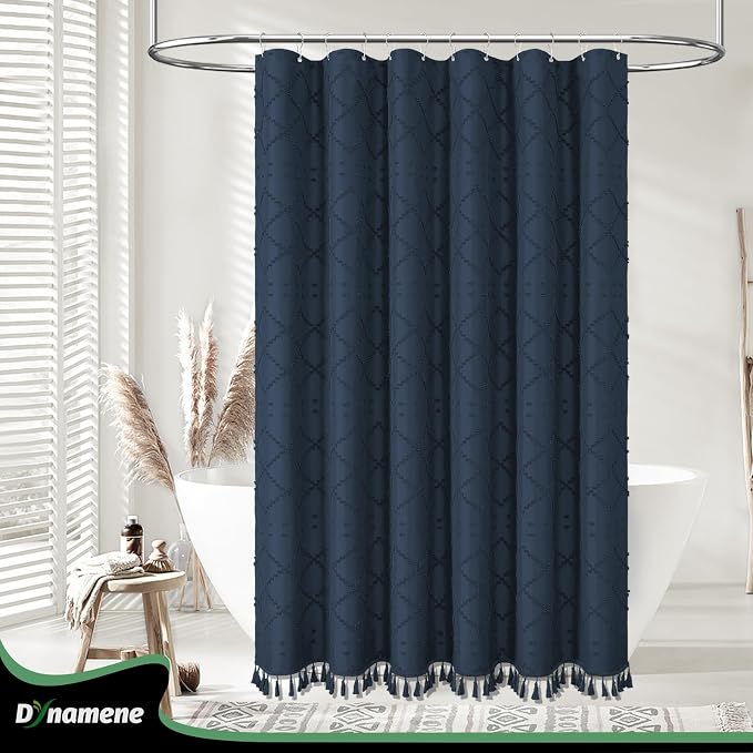 Stall Boho Shower Curtain Tufted Geometric 60"x72" Navy Blue | 60 Inch Wide, Elegant Tassel, Lightweight Textured Fabric, Water Repellent, Washable, for Narrow Bathroom/Dorm 10 Hooks