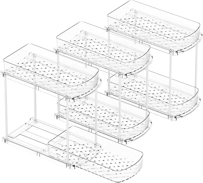 3 Pack 13.8″ Deep 2 Tier Under Sink Storage Organizer,Large Pull Out Bathroom Organizers and Storage,Slide Out Acrylic Undersink Storage Shelf,Kitchen Under Sink Organizer for Cleaning Products