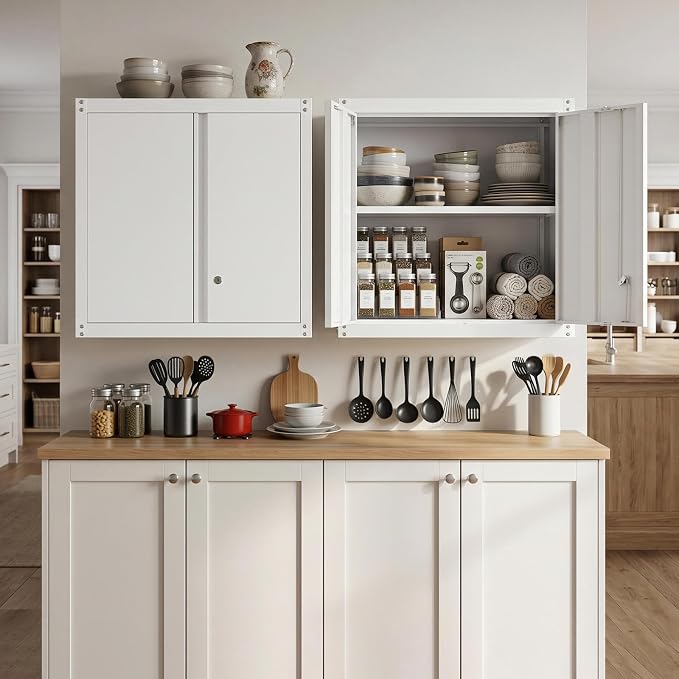 Metal Wall Cabinet, Steel Locking Cabinet for Office, Home Office Cabinets with Doors and Shelves, Garage Cabinets for Utility Room, Laundry Room