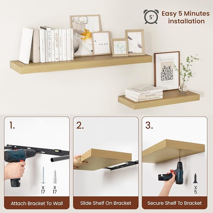 Vivelove Deep Floating Shelves 48x12” Set of 2, Oak | Easy Install With Hardware, 2" Thick, Invisible Brackets, Wall Mounted, No Sagging, For Any Room