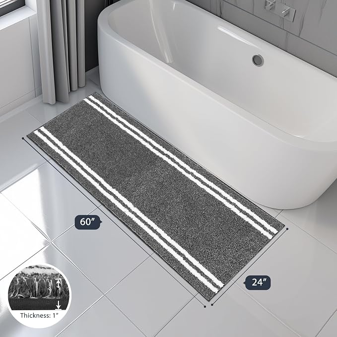 PURRUGS Bathroom Runner Rug, Bath Mat, 24" x 60", Charcoal | Machine Washable, Non-Slip, Waterproof TPR Backing, Super Absorbent, Quick Dry, Bath Rug for Shower, Bathtub, and Sink