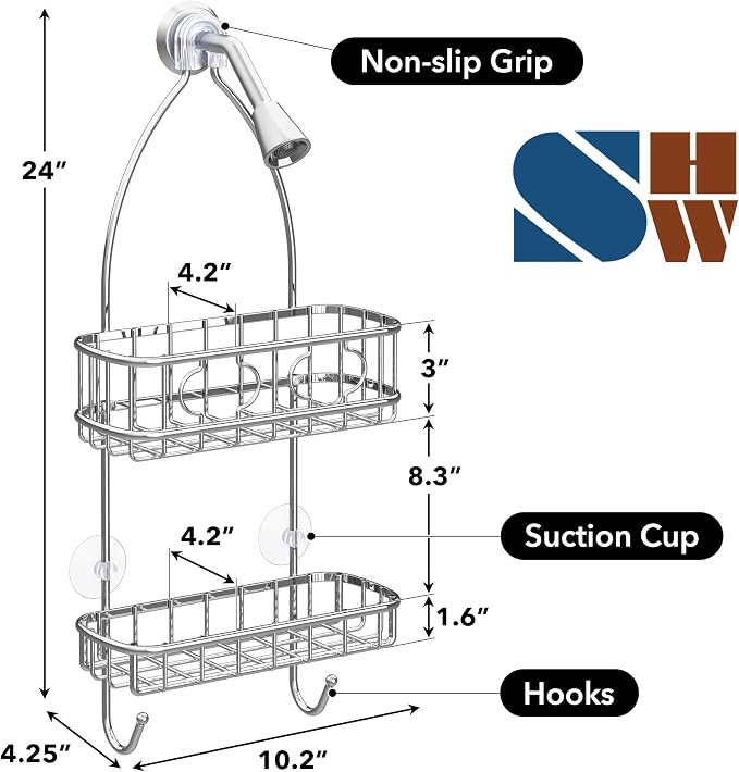 Simple Houseware Hanging Shower Head Caddy Organizer, 24 x 10, Chrome | (24 x 10.2 x 4.25 inches)