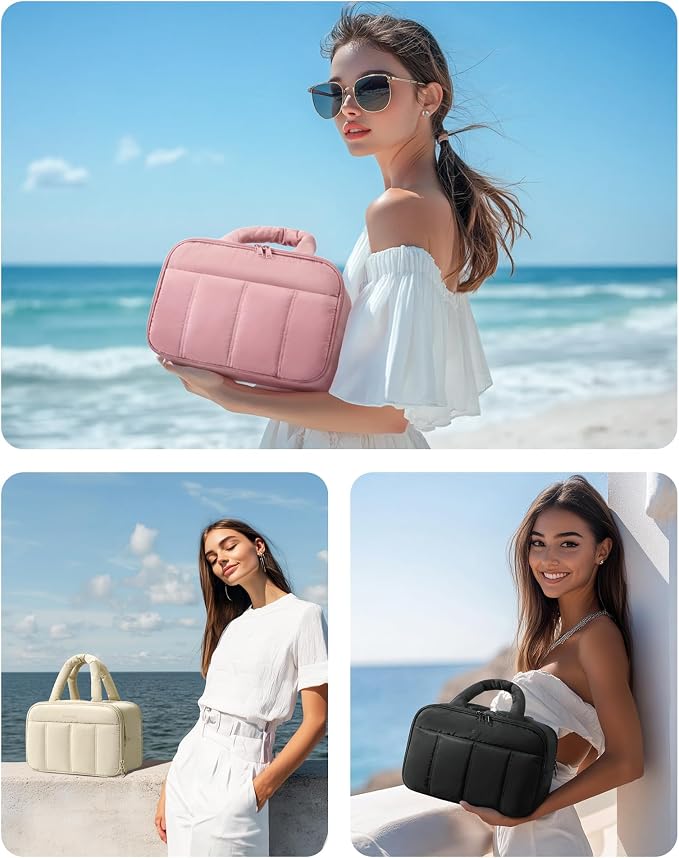 BAGSMART Travel Toiletry Bag, Puffy Large Toiletry Bag for Women, Lightweight Cosmetic Makeup Bag Organizer with Handle for Traveling, Accessories, Essentials, Toiletries (Dark Green)