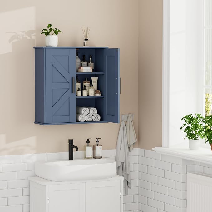 Homleke Bathroom Wall Cabinet, Medicine Cabinet with Adjustable Shelves | 3-Tier Wall Mounted Over Toilet Storage with Barn Doors, for Bathroom, Kitchen, Entryway, Laundry Room, Blue, (7.9" D)
