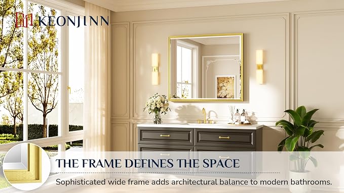 Keonjinn 42" x 36" Brushed Gold Bathroom Mirror, Safe HD Tempered Glass | Aluminum Alloy Frame, Rustproof, Secure French Cleat Installation, Transitional Style, Gold Wall Vanity Mirror for Over Sink