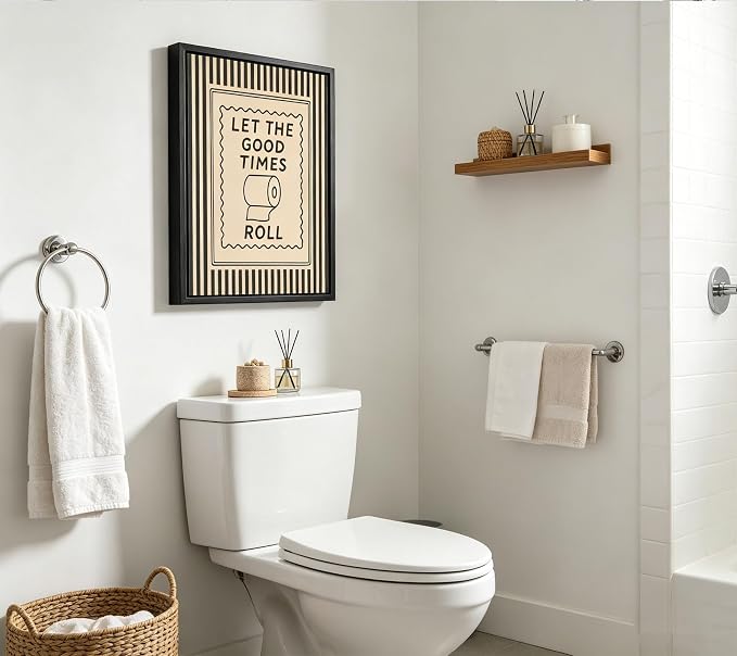 Black Floating Framed Let The Good Times Roll Bathroom Canvas Wall Art Funny Toilet Quote Painting Picture Wall Decor Downstair Stripes Bathroom Poster Print Artwork for Toilet Home Decoration 8x10in