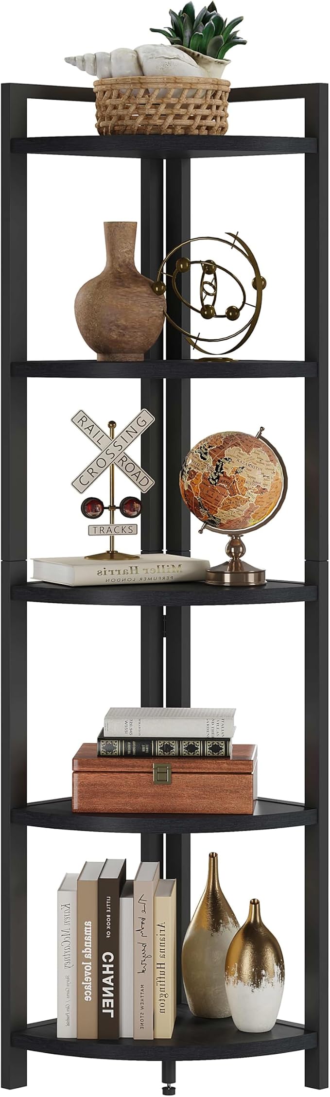 Rustic Tall Corner Shelf, 5 Tier Industrial Corner Bookshelf for Living Room, Dark Wood and Metal Corner Plant Stand for Balcony (Black)