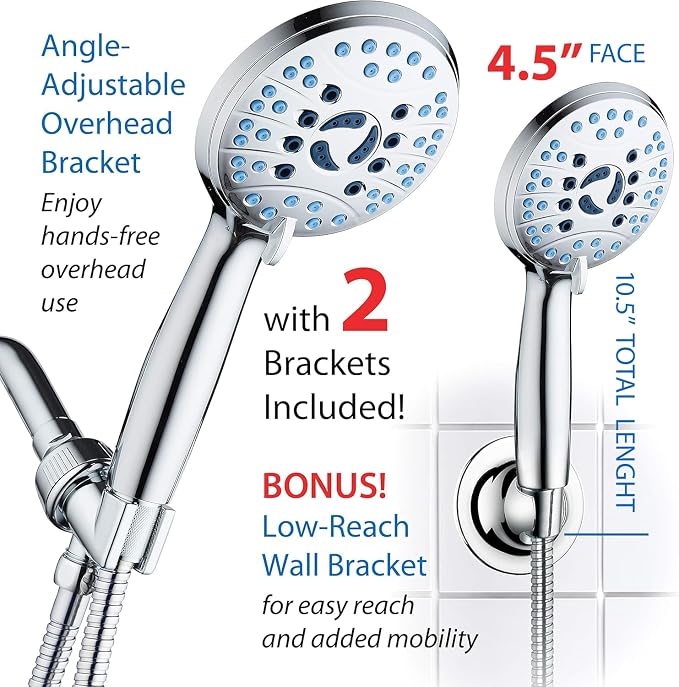 AquaCare 8-mode High Pressure Handheld Shower Head with 2-mode Power Wash | Stay Clean Nozzles, Dual Power Wash for Tub, Tile & Pets, Long 6 ft. Stainless Steel Hose, Wall & Overhead Brackets / Chrome