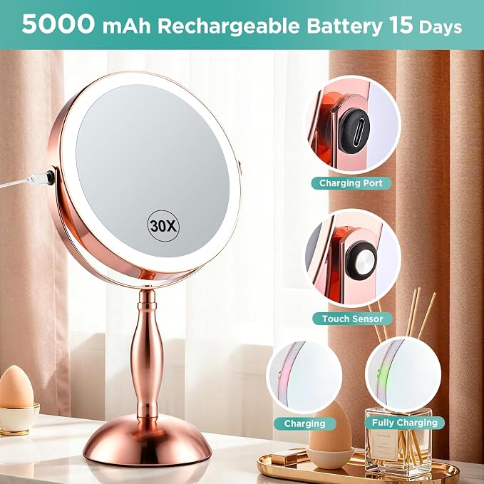 30X Makeup Mirror with Lights and Magnification-Rose Gold 8" Double Sided | Magnifying Mirror, 5000mAh Rechargeable, 360° Rotation, (Side Touch+Side Port), 3 Color Modes, Dimmable Light, for Vanity