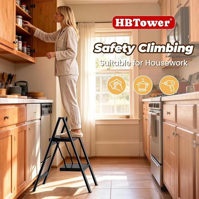 HBTower 2 Step Ladder, Lightweight Aluminum Folding Step Stool | Anti-Slip Wide Pedal, 330lbs Capacity Step Ladder for Household Kitchen Office, Black