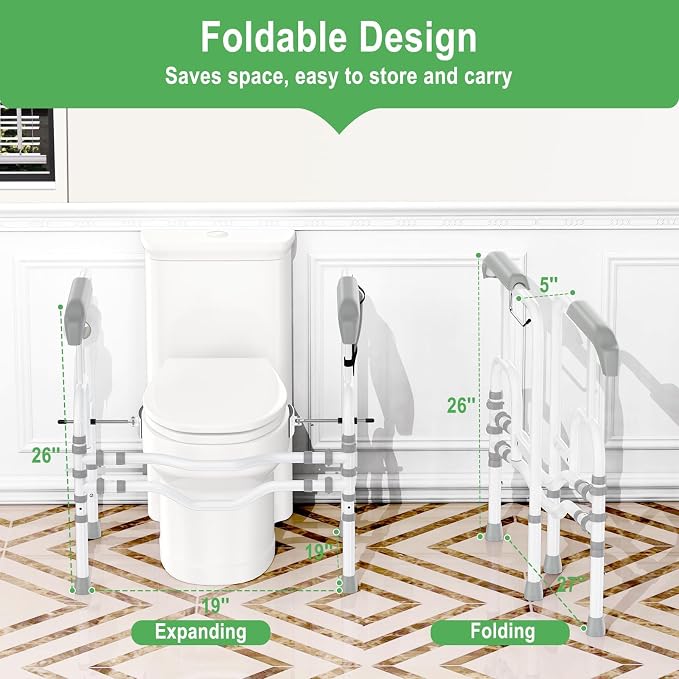 Foldable Toilet Safety Rails for Seniors, 400LBS (White 2) | Height Adjustable Toilet Support Rails for Seniors, Heavy Duty, Armrests, Storage Bag, Bathroom Safety for Elderly & Disabled