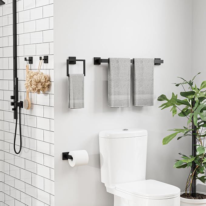 5-Pieces Matte Black Bathroom Accessories, 24 Inch Bathroom Hardware Set | SUS304 Stainless Steel Bath Towel Bar Set, Towel Racks for Bathroom Wall Mounted