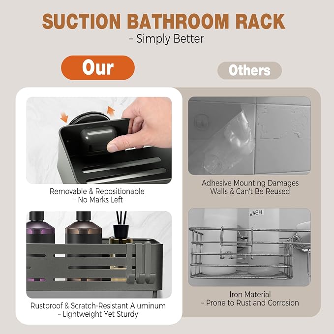 Lekesky Suction Cup Shower Caddy, No Drill Shower Shelf, Aluminum Rust Proof Bathroom Shower Organizer with 12 Hooks (2-Pack, Gunmetal Gray)