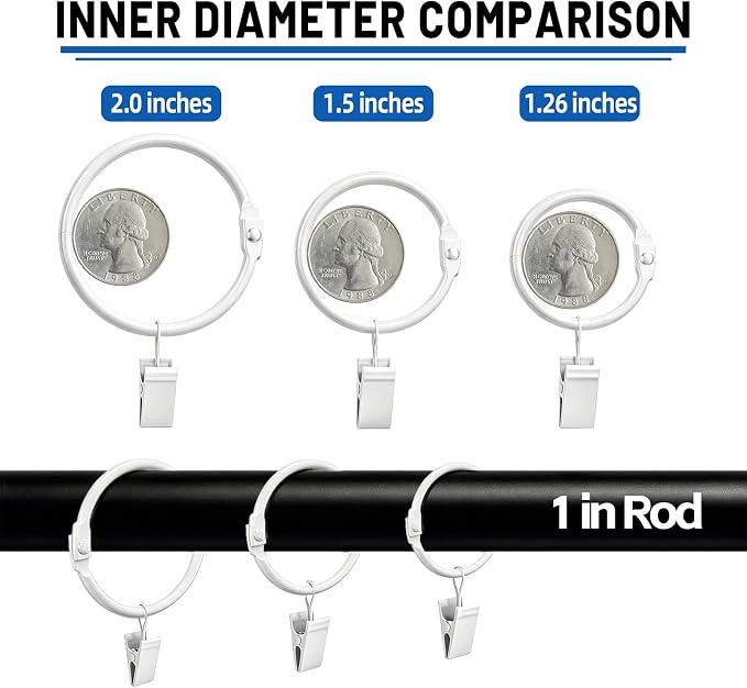 24 Pack 2 Inches Openable Curtain Rings with Clips | Drapery Metal Clip Iron Drapes Hangers Decorative for Windows Rods Rustproof, White