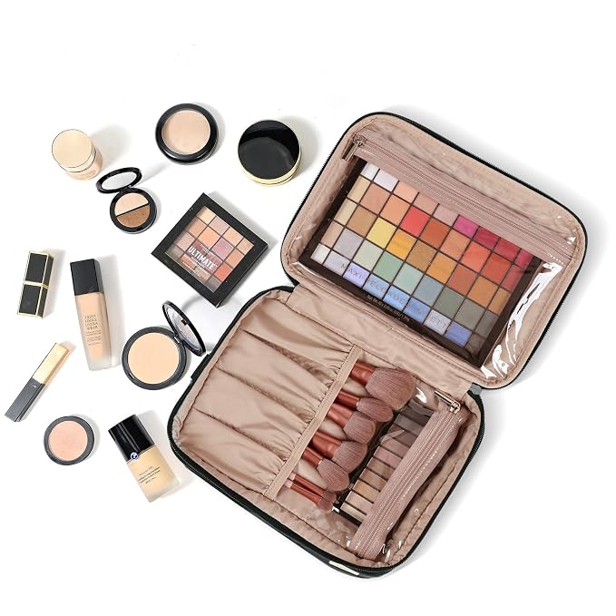 NISHEL Large Makeup Bag Organizer, Double Layer Cosmetic Travel Case | Organizer for brushes, bottles, makeup and skin care products, ideal for trips and daily use, Black, Extra Large