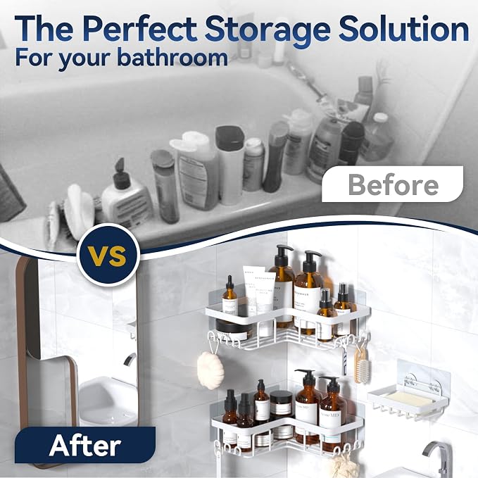 Corner Adhesive Shower Caddy, with Soap Holder and 12 Hooks, Rustproof Stainless Steel Bathroom Organizer, No Drilling Wall Mounted Rack, White, 3-Pack