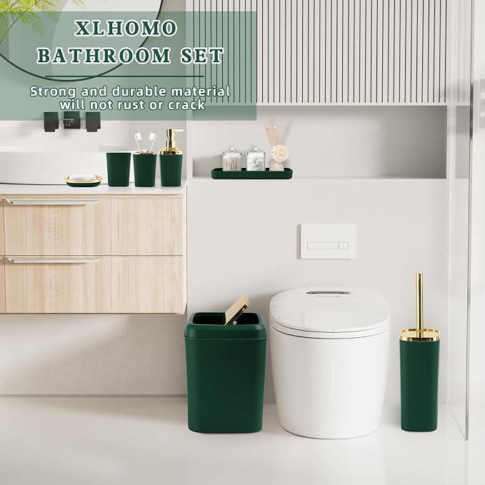 XLHOMO Bathroom Set - Green and Gold Bathroom Accessories, Bathroom Sets with Shower Curtain and Rugs, Green Shower Curtain Set with Bathroom Trash Can, Soap Dispenser, Soap Dish for Home Decor