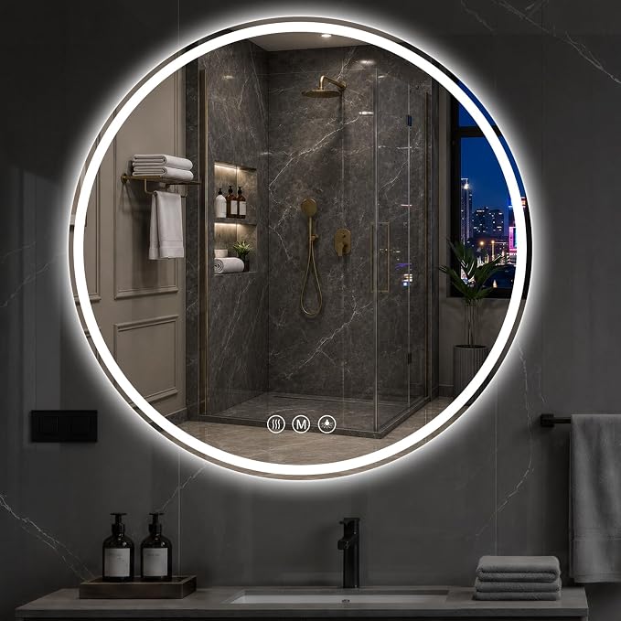 Round LED Bathroom Mirror, 48 Inch, HD Shatterproof Tempered Glass | Lighted Bathroom Mirror with Dimmable Lights Bathroom Mirror with Lights for Wall, 3 Color Temperatures