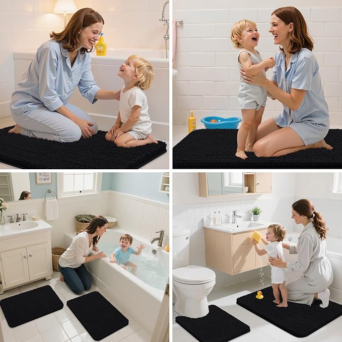 Arotive Bathroom Rugs 34x21, Soft Absorbent Shaggy Chenille Bath Rugs | Black, Machine Washable Rubber Backing Bath Mats for Bathroom Floor Tub and Shower Home Decor Accessories