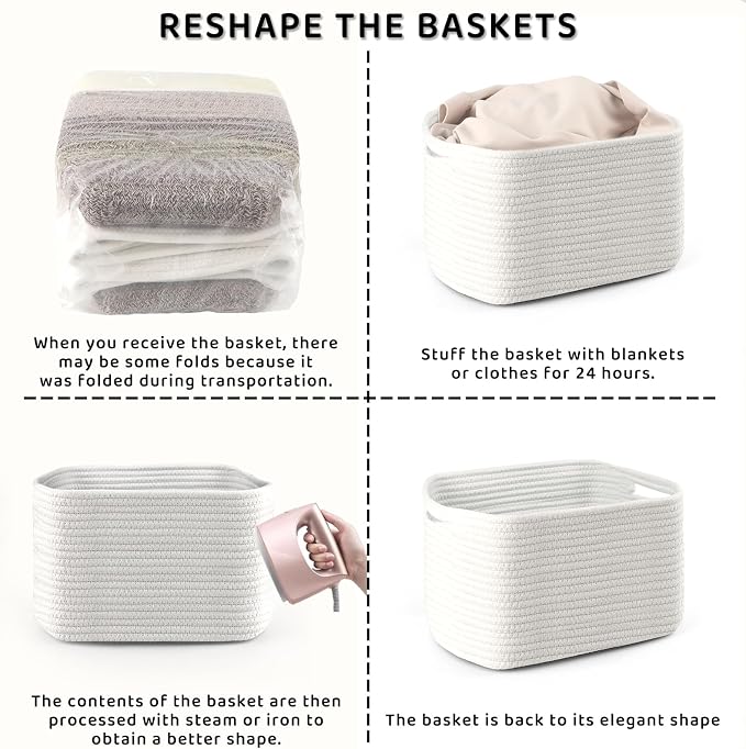 4 Pack Storage Baskets for Organizing, 11''Lx9''Wx8''H Woven Baskets for Storage Toys, Towels, Books, and Clothes, Cotton Rope Basket for Shelves with Handle