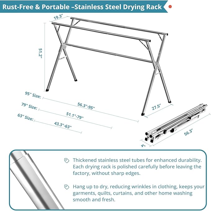 63 Inches Clothes Drying Rack, Drying Rack Clothing Folding Indoor Outdoor, Heavy Duty Stainless Steel Laundry Rack, Foldable Portable Large Clothes Rack Garment Rack with 20 Windproof Hooks