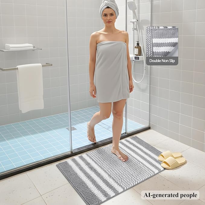 Bathroom Rugs, 24x16 Inch Extra Soft Absorbent Shaggy Chenille Bath Rugs, Non Slip Backing Quick Dry Machine Washable Modern Bath Mat for Bathroom Floor, Home Decor Accessories,Light Grey