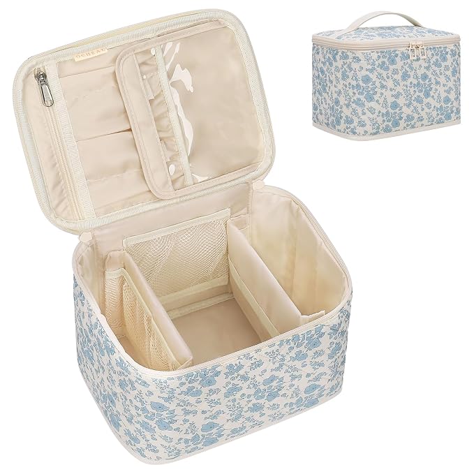 Travel Makeup Bag, Cosmetic Bags for Women Makeup Case Organizer Large Capacity Travel Toiletry Bag Storage Bags with Divider and Handle for Cosmetics Toiletries Brushes Tools-Blue Floral
