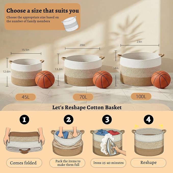 Artfeel 100L Large Cotton Rope Basket, Decorative Woven Blanket Storage for Living Room, Boho Toy Storage & Toy Box for Kids, Versatile Laundry Basket & Nursery Hamper for Blankets(Brown)