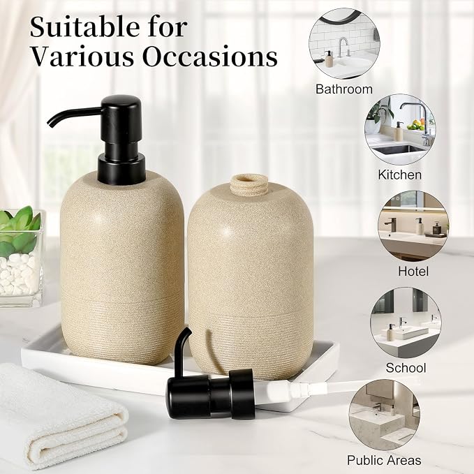 Luxspire Soap Dispenser Cylinder-Shaped Resin Soap Dispenser, Beige, 2pack | 450ml Premium sandstone resin, modern cylindrical design easy clean pump, 2 bottles, multi-purpose liquid storage