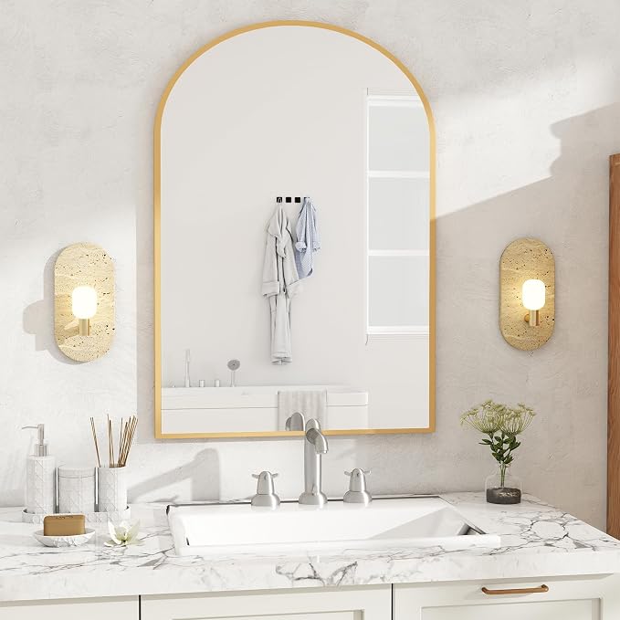 NEWBULIG 20X30 Inch Arched Bathroom Wall Mirror for Over Sink, Gold | Wall Vanity Mirror with Tempered Glass, Anti-Rust Arched Metal Framed, Hanging or Leaning, Farmhouse Home Decor