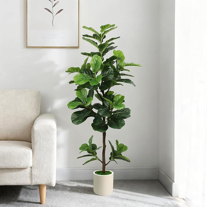 5FT Artificial Fiddle Leaf Fig Tree with White Planter & Fake Moss, Realistic Faux Ficus Lyrata Floor Plant for Indoor Home Office Decor, Housewarming Gift