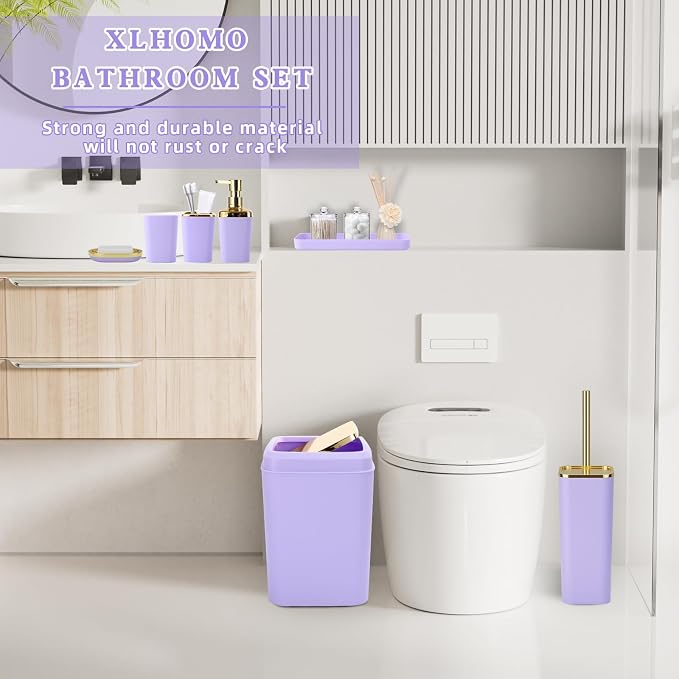 XLHOMO Bathroom Set - Purple and Gold Bathroom Accessories, Bathroom Sets with Shower Curtain and Rugs, Purple Shower Curtain Set with Bathroom Trash Can, Soap Dispenser, Soap Dish for Home Decor