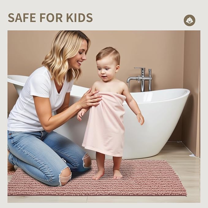 Bathroom Rugs Non Slip Washable 44x24, Extra Thick Soft Chenille Absorbent Bath Mat, High Density Barrier Non Slip Backing, Quick Dry Plush Shaggy Floor Carpet for Tub&Shower, Pink