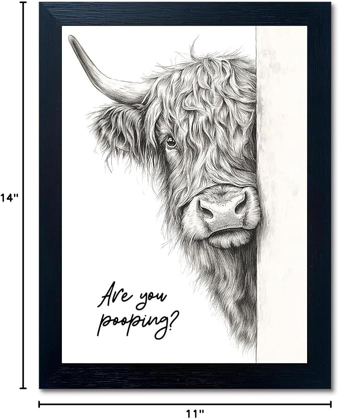 Funny Highland Cow Bathroom Wall Art - Rustic Farmhouse Wall Decor with Humorous Are You Pooping Canvas Print, Cute Animal Canvas Art for Restroom - Black Framed Cow Pictures Wall Decor Ready to Hang 11"x14"