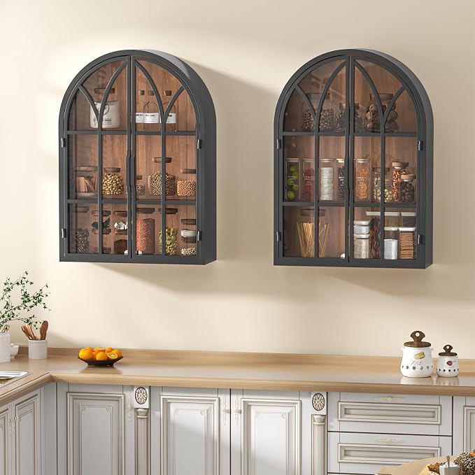 Arched Wall Cabinet with Glass Door, NO Assembly, Metal Wooden | Metal Frame, 12MM Wooden Shelves, Handcrafted Arched Design, 40-lb per Tier, 5MM Tempered Glass, for Bathroom Wall Medicine