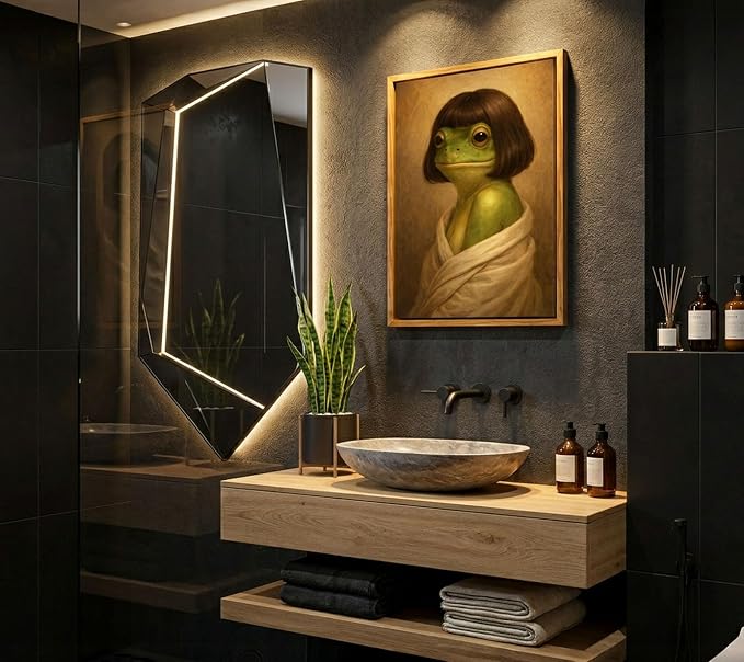 Floating Framed Whimsical Frog Canvas Wall Art, Funny Bathroom Frog Wall Decor, Eclectic Animal Print Poster, Vintage Abstract Animal Picture Artwork for Bathroom, Bedroom Home Decoration, 8x10in