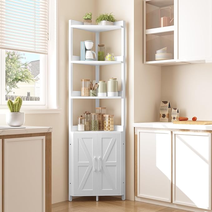 HOOBRO Corner Shelf with Storage, Tall Corner Cabinet, 5-Tier Bookshelf Stand, Storage Cabinet with Protective Fence, for Living Room, White WW78CJ01